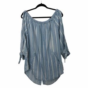 Billy T Chambray Shirt Womens Large Off Shoulder Tunic Dress Striped Button NWT